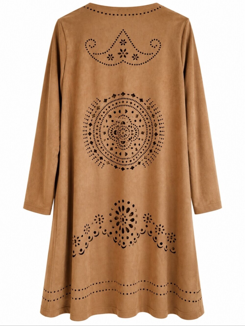 Camel Faux Suede Laser Cut Duster Cardigan Large Boho Western EUC - Picture 3 of 4